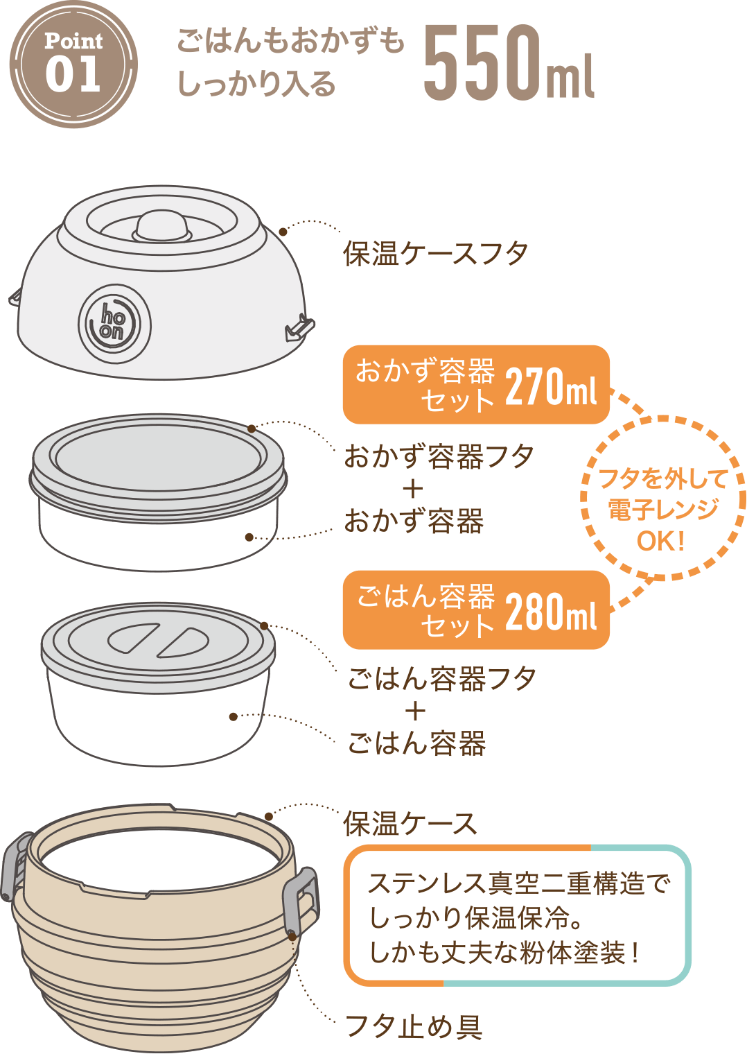 ごはんもおかずもしっかり入る550ml。フタを外して電子レンジOK！