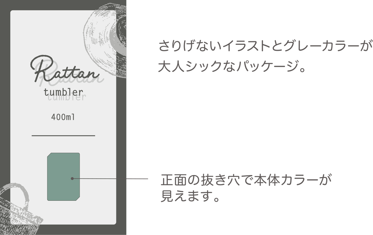 さりげないイラストとグレーカラーが大人シックなパッケージ/。正面の抜き穴で本体カラーが見えます。