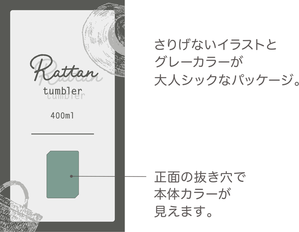 さりげないイラストとグレーカラーが大人シックなパッケージ/。正面の抜き穴で本体カラーが見えます。